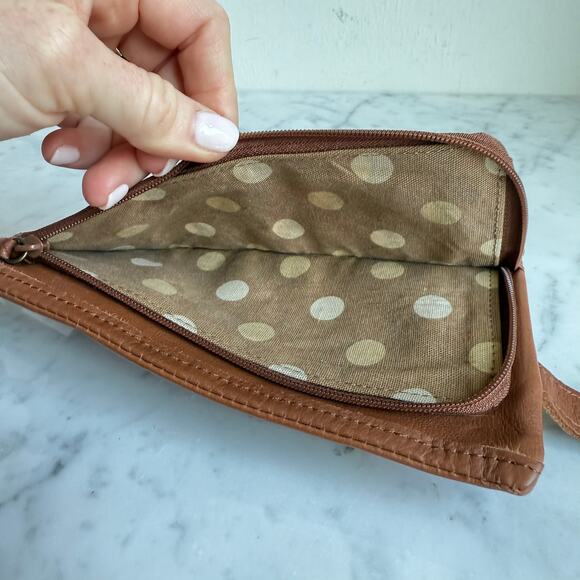Fossil Genuine Leather Wallet Clutch Buckle Detail Tan Brown Polka Dot Lining - Picture 9 of 14